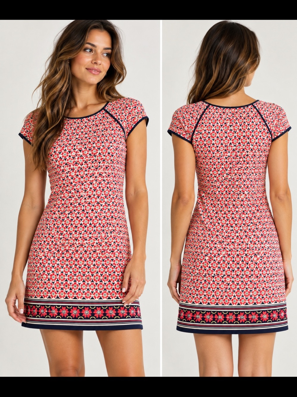 Max Studio Small Red Floral Border Print Short Sleeve Shift Dress